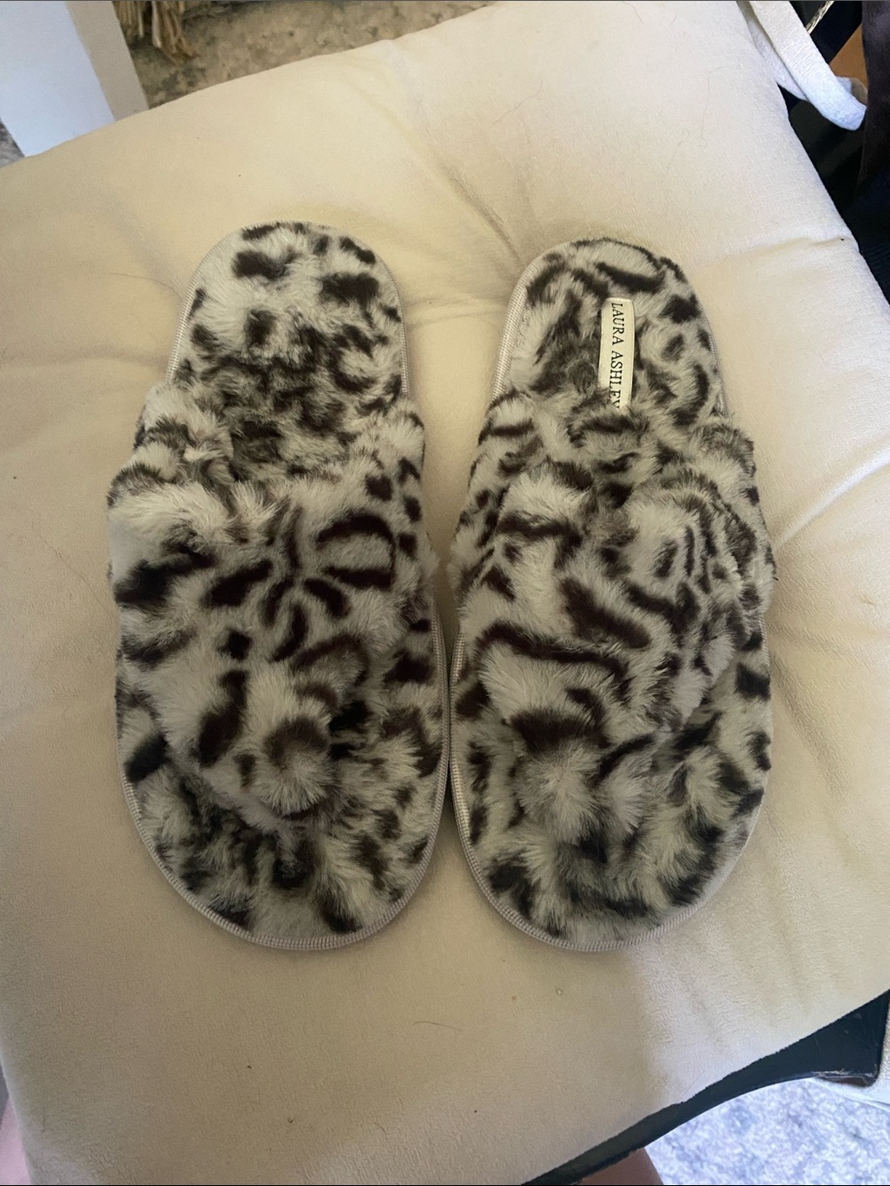 Laura Ashley Black and White Faux Fur Slide leopard Slippers